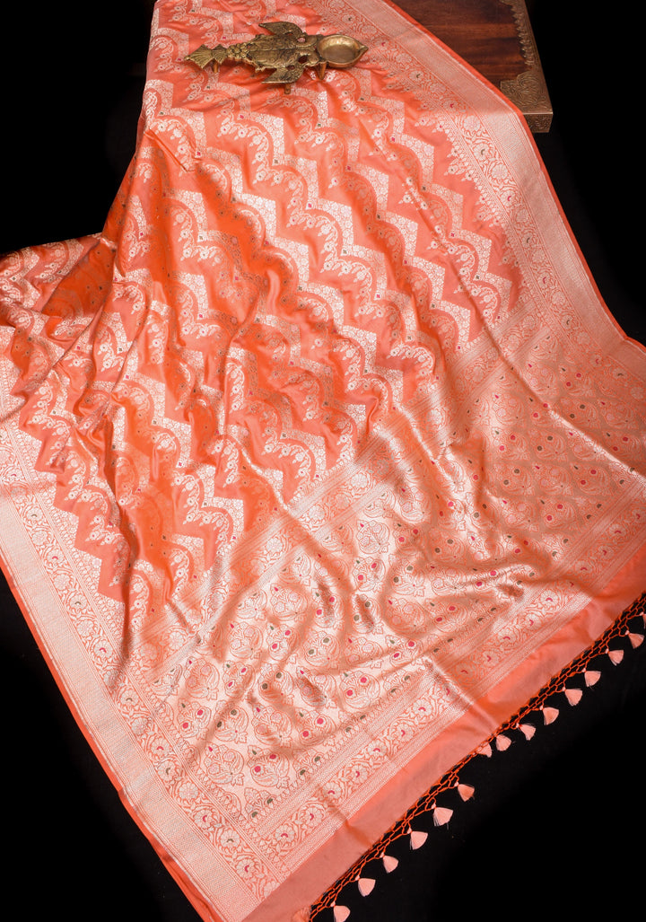 Coral Peach Exquisite Meenakari chevron Floral Jaal Pure Katan Silk Banarasi Saree with scallop border  | SILK MARK CERTIFIED