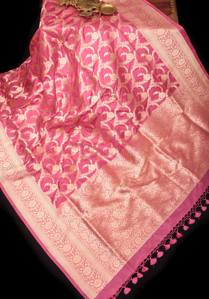 Pink Pure Banarasi Katan Silk Saree with Floral Jaal and zari border  | SILK MARK CERTIFIED