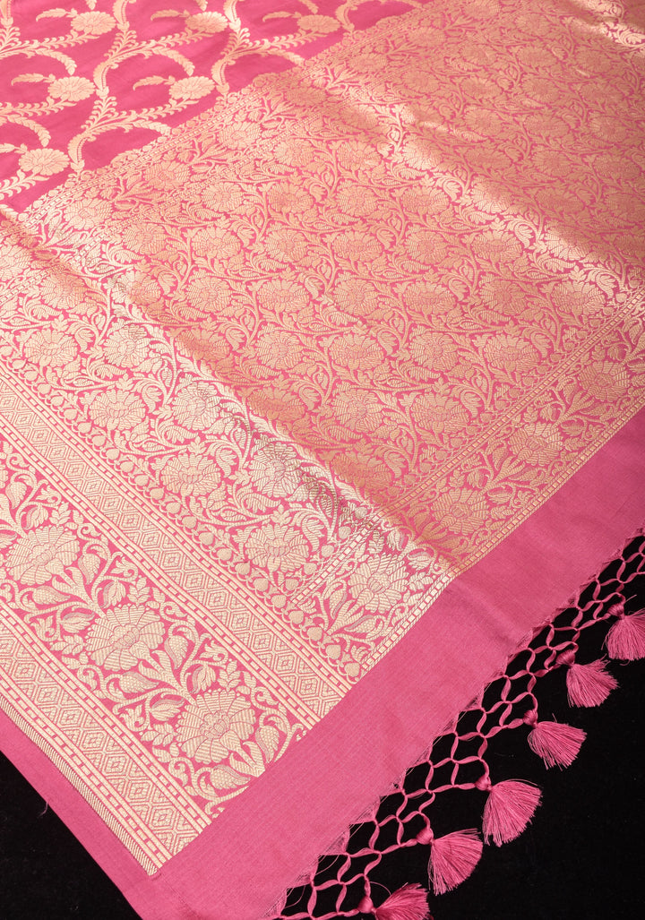 Pink Pure Banarasi Katan Silk Saree with Floral Jaal and zari border  | SILK MARK CERTIFIED