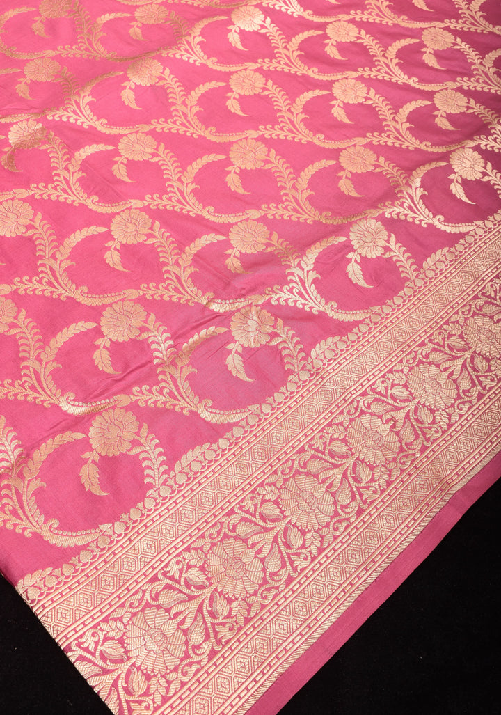 Pink Pure Banarasi Katan Silk Saree with Floral Jaal and zari border  | SILK MARK CERTIFIED