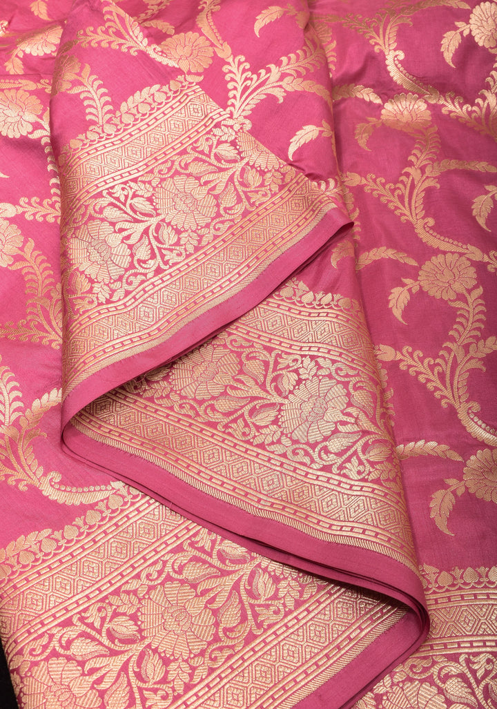 Pink Pure Banarasi Katan Silk Saree with Floral Jaal and zari border  | SILK MARK CERTIFIED