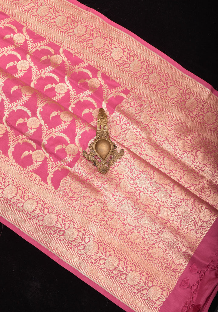 Pink Pure Banarasi Katan Silk Saree with Floral Jaal and zari border  | SILK MARK CERTIFIED