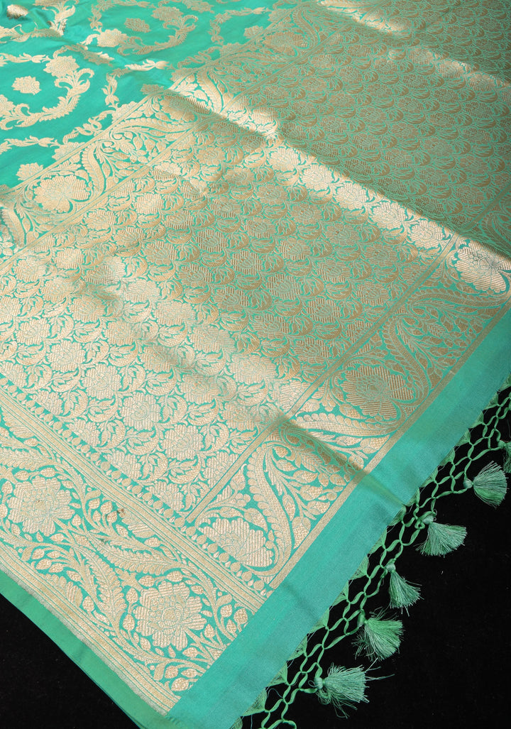 Seafoam tone Exquisite Floral Jaal Pure Katan Silk Banarasi Saree with zari border and pallu | SILK MARK CERTIFIED
