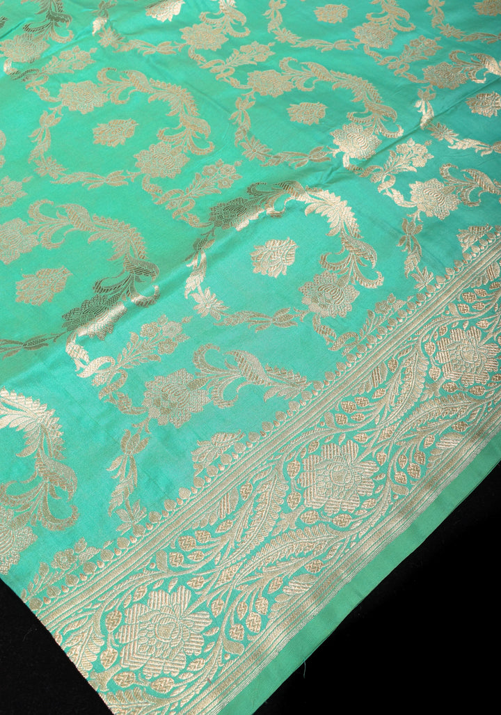 Seafoam tone Exquisite Floral Jaal Pure Katan Silk Banarasi Saree with zari border and pallu | SILK MARK CERTIFIED