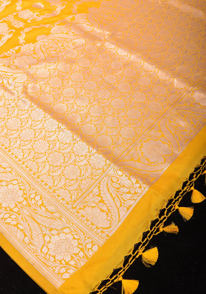 Yellow Pure Banarasi Katan Silk  Saree with Floral Jaal and Zari Border  | SILK MARK CERTIFIED