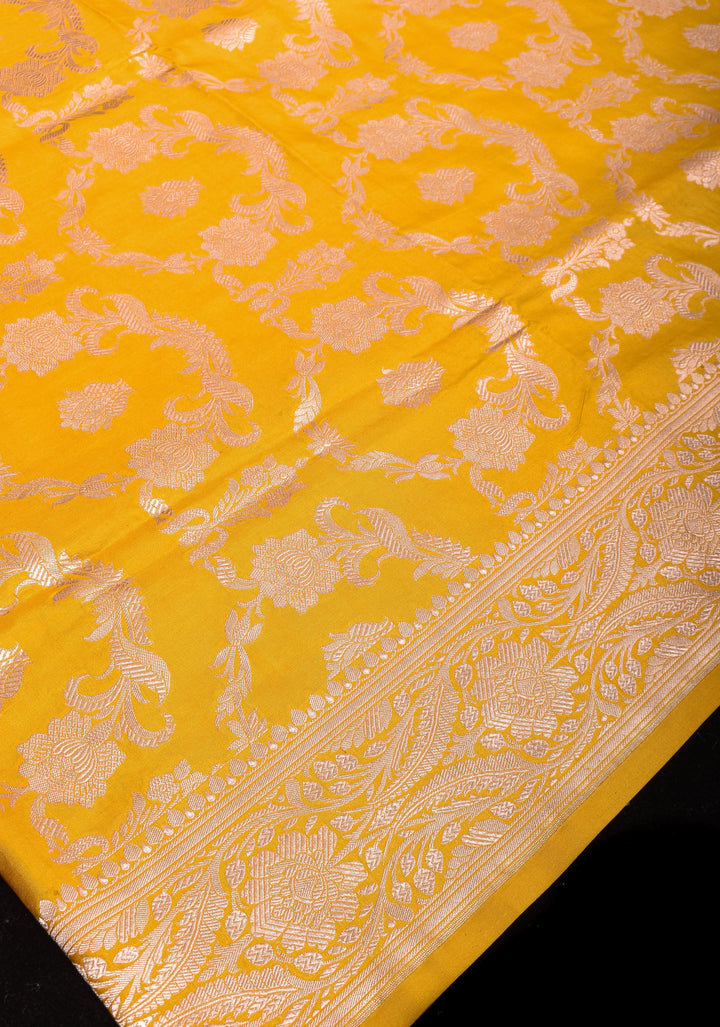 Yellow Pure Banarasi Katan Silk  Saree with Floral Jaal and Zari Border  | SILK MARK CERTIFIED