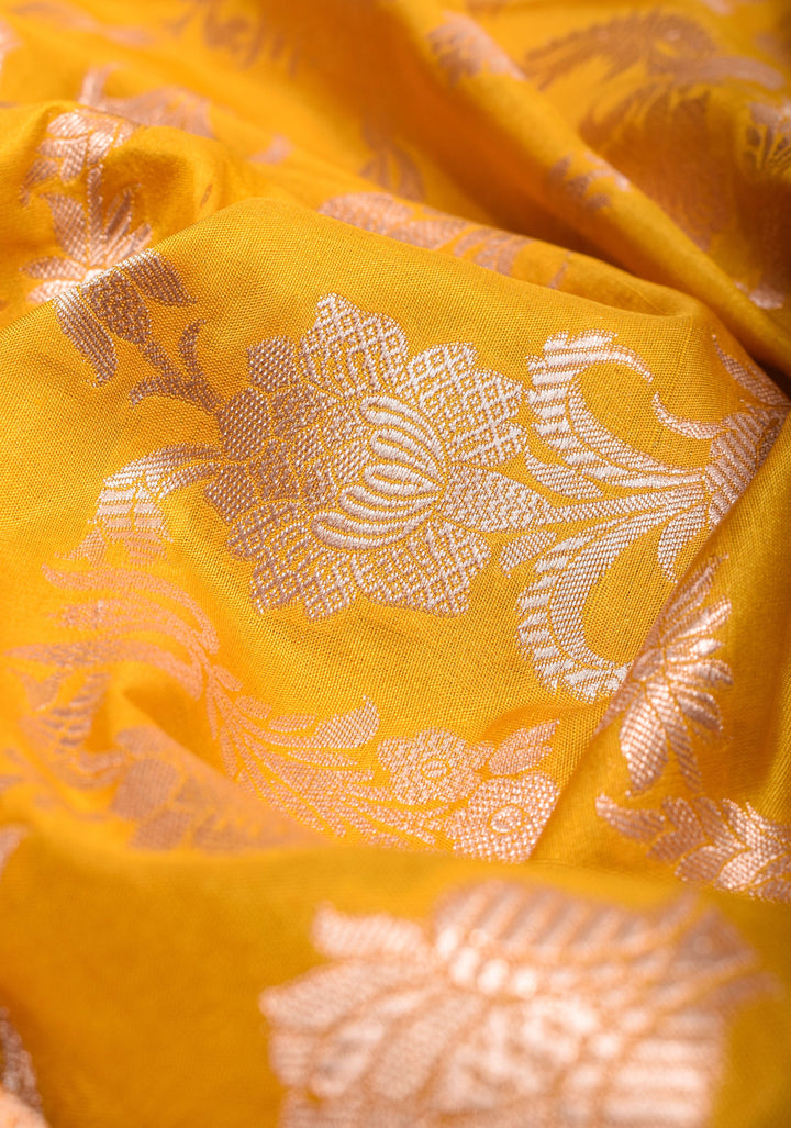 Yellow Pure Banarasi Katan Silk  Saree with Floral Jaal and Zari Border  | SILK MARK CERTIFIED