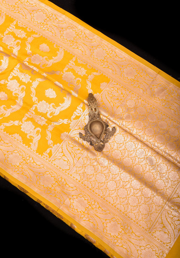 Yellow Pure Banarasi Katan Silk  Saree with Floral Jaal and Zari Border  | SILK MARK CERTIFIED