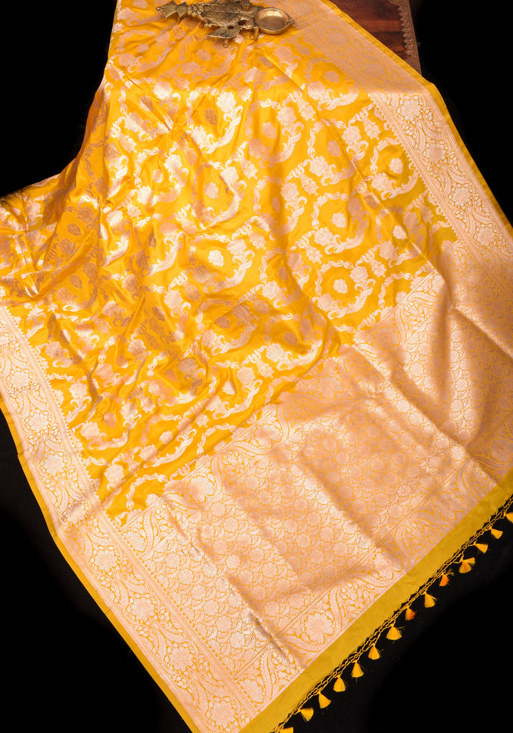 Yellow Pure Banarasi Katan Silk  Saree with Floral Jaal and Zari Border  | SILK MARK CERTIFIED