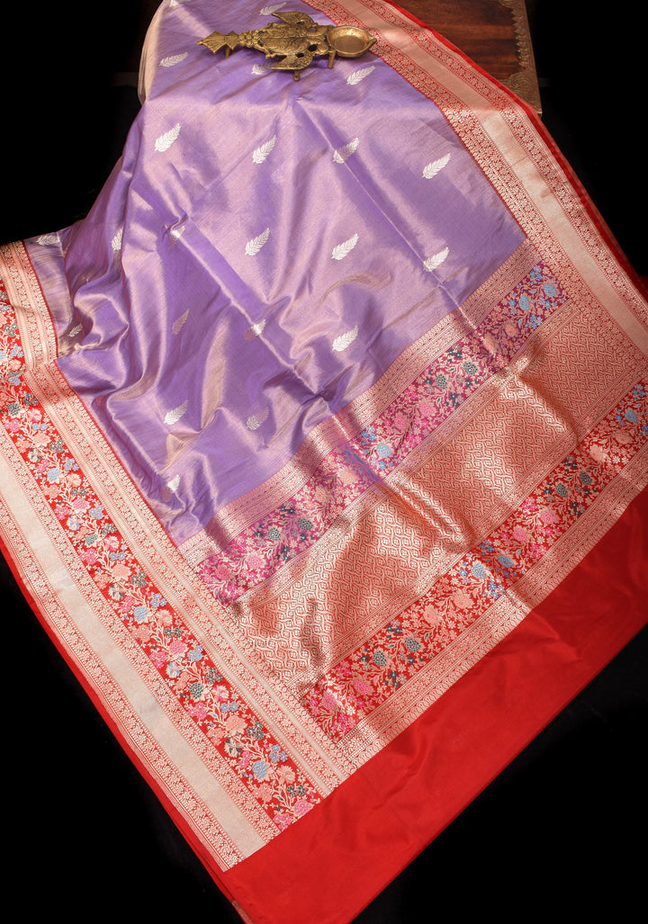 Lavender Pure Tissue Silk Banarasi Saree with alfi Leaf Motifs and  Meenakari Wide Kadhiyal Border | SILK MARK CERTIFIED