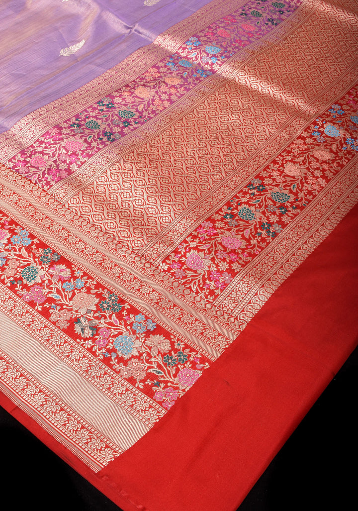 Lavender Pure Tissue Silk Banarasi Saree with alfi Leaf Motifs and  Meenakari Wide Kadhiyal Border | SILK MARK CERTIFIED