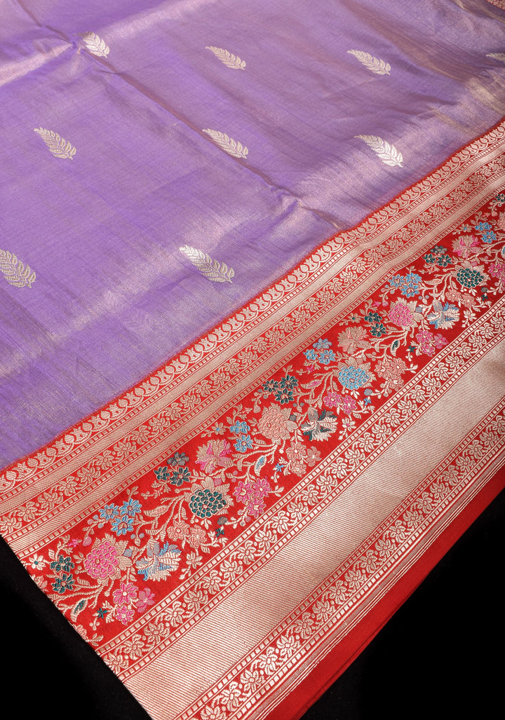 Lavender Pure Tissue Silk Banarasi Saree with alfi Leaf Motifs and  Meenakari Wide Kadhiyal Border | SILK MARK CERTIFIED