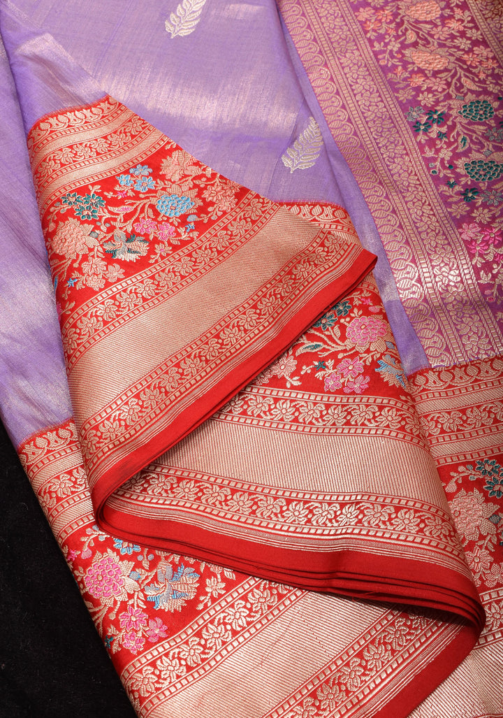 Lavender Pure Tissue Silk Banarasi Saree with alfi Leaf Motifs and  Meenakari Wide Kadhiyal Border | SILK MARK CERTIFIED