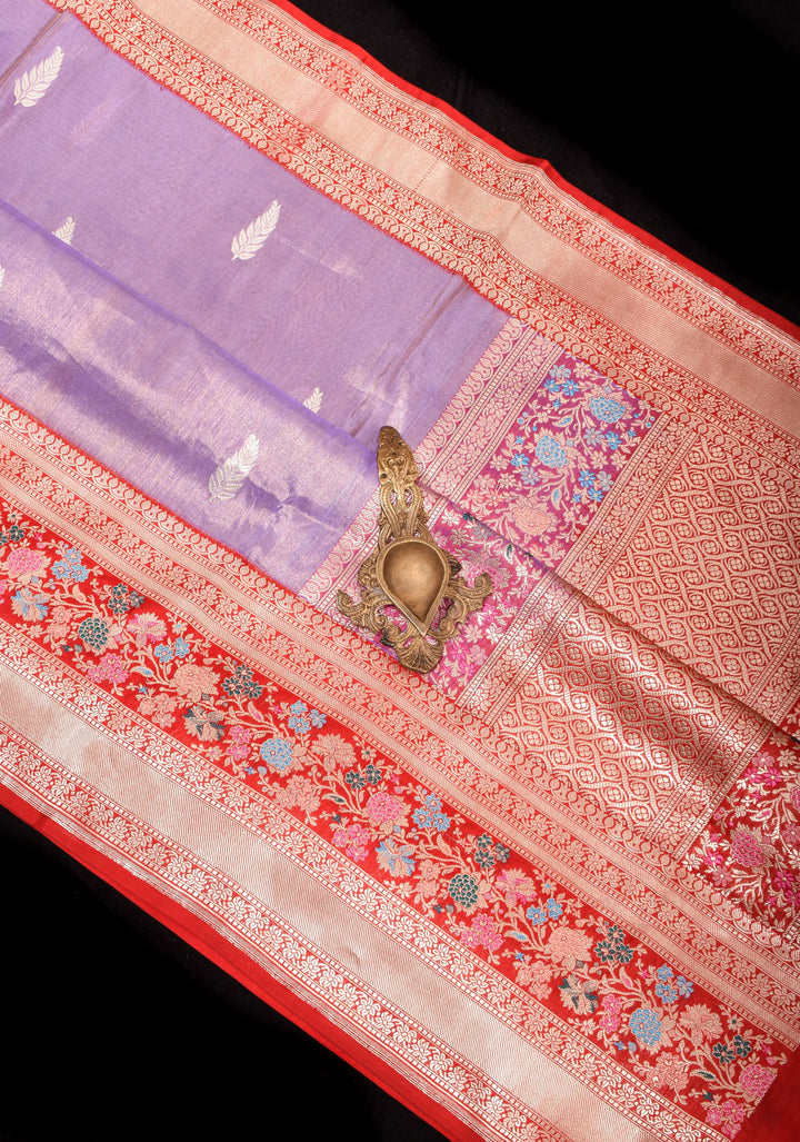 Lavender Pure Tissue Silk Banarasi Saree with alfi Leaf Motifs and  Meenakari Wide Kadhiyal Border | SILK MARK CERTIFIED
