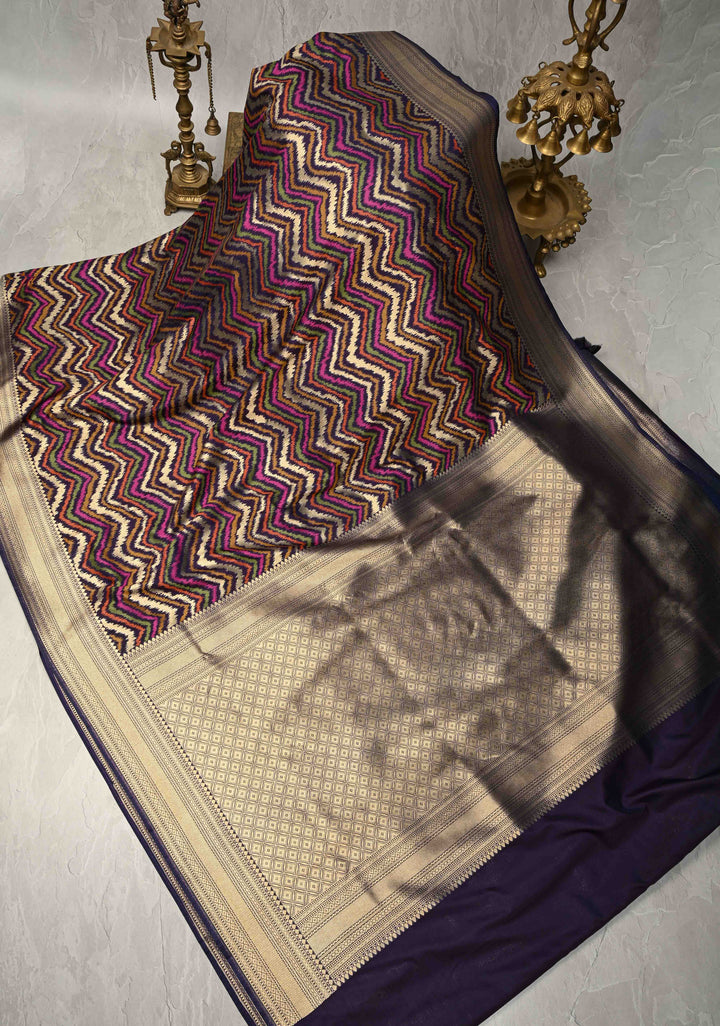 Multicolor Semi Silk Saree with Chevron Design and Zari Border | SHOBITAM