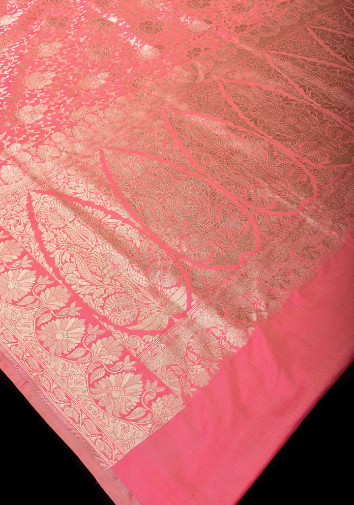 Rose Pink Banarasi Katan Silk Saree with Zari Floral Jaal and Zari Border  | SILK MARK CERTIFIED