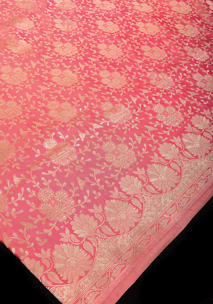 Rose Pink Banarasi Katan Silk Saree with Zari Floral Jaal and Zari Border  | SILK MARK CERTIFIED