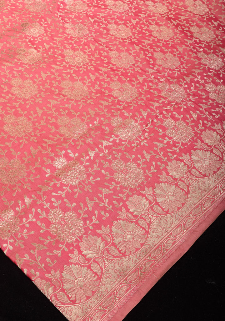 Rose Pink Banarasi Katan Silk Saree with Zari Floral Jaal and Zari Border  | SILK MARK CERTIFIED