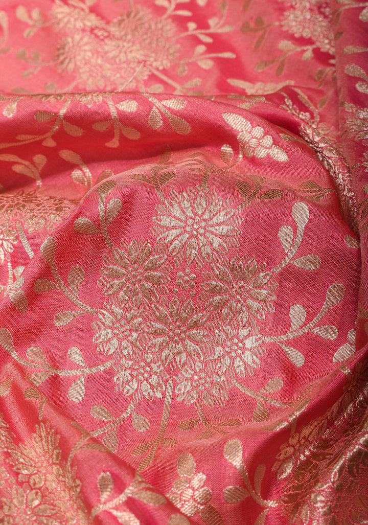 Rose Pink Banarasi Katan Silk Saree with Zari Floral Jaal and Zari Border  | SILK MARK CERTIFIED