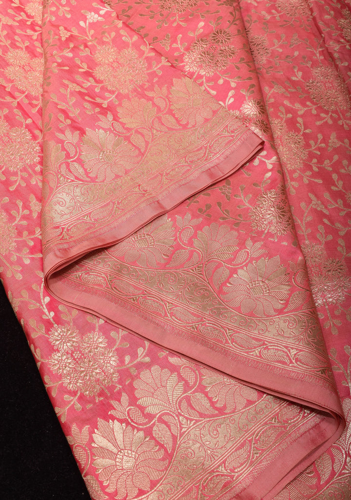 Rose Pink Banarasi Katan Silk Saree with Zari Floral Jaal and Zari Border  | SILK MARK CERTIFIED