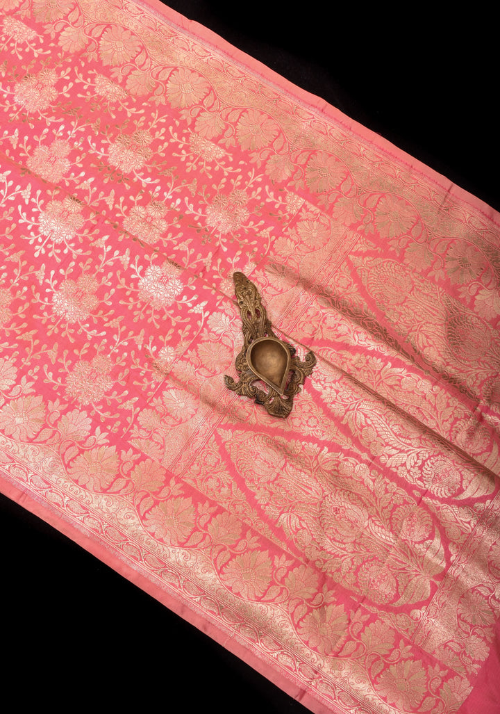 Rose Pink Banarasi Katan Silk Saree with Zari Floral Jaal and Zari Border  | SILK MARK CERTIFIED
