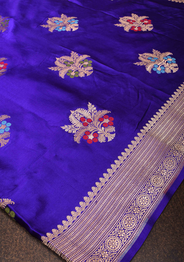 Purple Banarasi Mashru Silk Saree with Meenakari Butta and Zari Border | SILK MARK CERTIFIED
