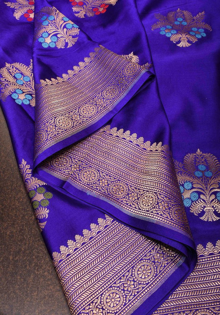Purple Banarasi Mashru Silk Saree with Meenakari Butta and Zari Border | SILK MARK CERTIFIED