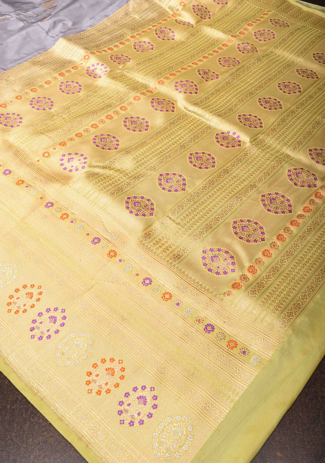 Gray Pure Banarasi Katan Silk Saree with Sona Rupa Buttas and Meenakari Zari Border | SILK MARK CERTIFIED