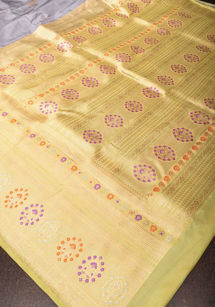 Gray Pure Banarasi Katan Silk Saree with Sona Rupa Buttas and Meenakari Zari Border | SILK MARK CERTIFIED