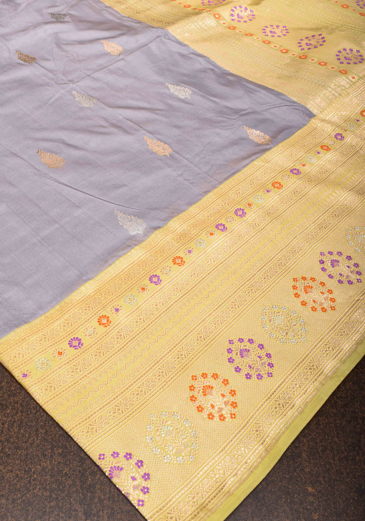 Gray Pure Banarasi Katan Silk Saree with Sona Rupa Buttas and Meenakari Zari Border | SILK MARK CERTIFIED