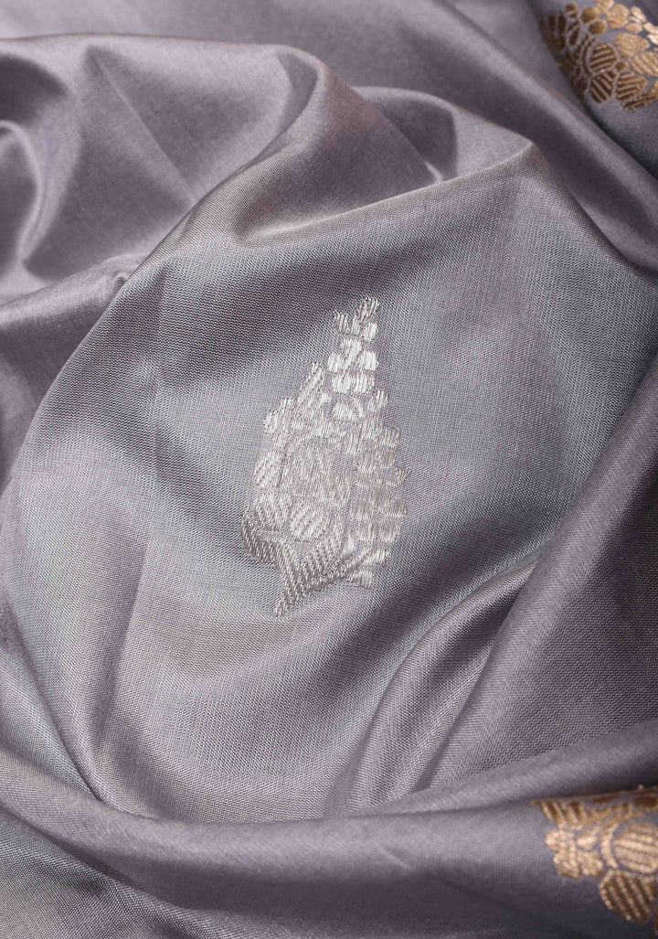 Gray Pure Banarasi Katan Silk Saree with Sona Rupa Buttas and Meenakari Zari Border | SILK MARK CERTIFIED