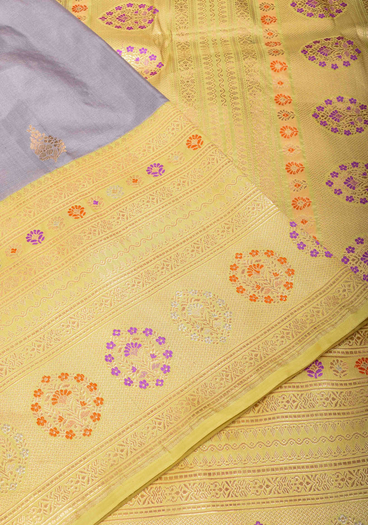 Gray Pure Banarasi Katan Silk Saree with Sona Rupa Buttas and Meenakari Zari Border | SILK MARK CERTIFIED