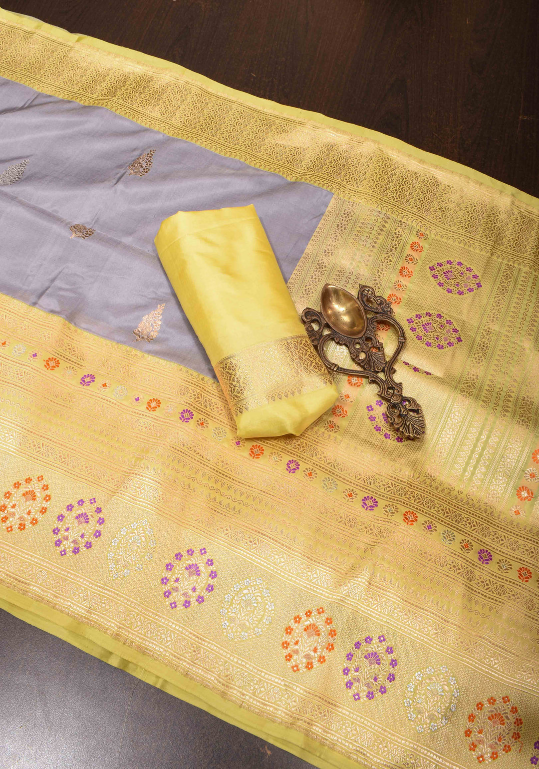Gray Pure Banarasi Katan Silk Saree with Sona Rupa Buttas and Meenakari Zari Border | SILK MARK CERTIFIED