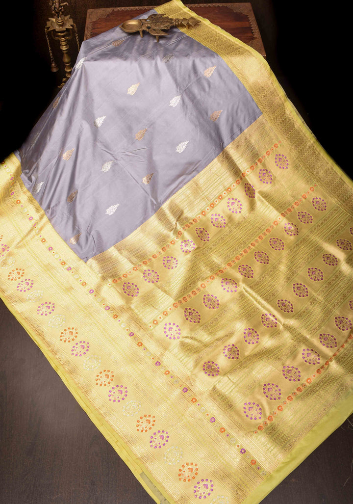 Gray Pure Banarasi Katan Silk Saree with Sona Rupa Buttas and Meenakari Zari Border | SILK MARK CERTIFIED