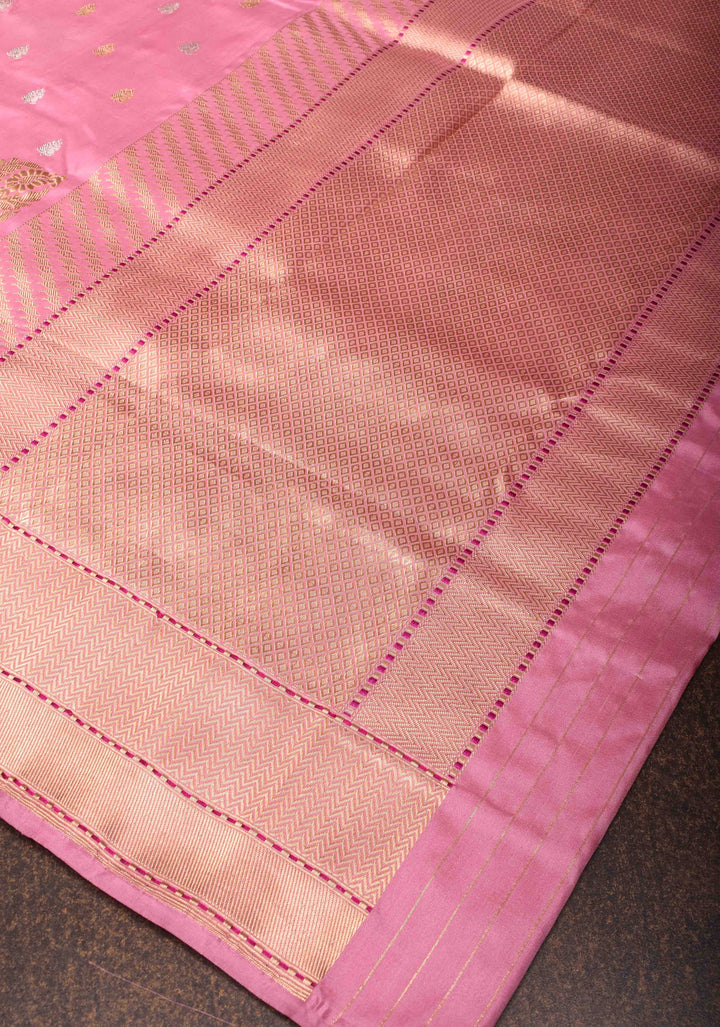 Onion Pink Banarasi Katan Silk Saree with Sona Rupa Buttas And Koniyas| SILK MARK CERTIFIED