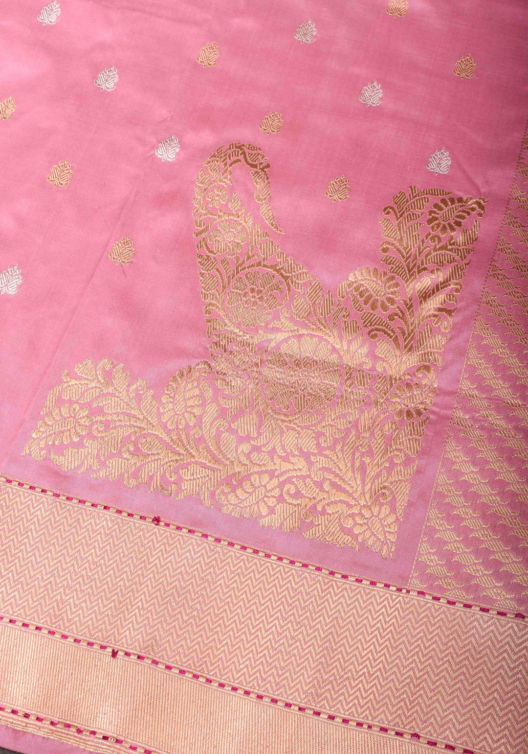 Onion Pink Banarasi Katan Silk Saree with Sona Rupa Buttas And Koniyas| SILK MARK CERTIFIED