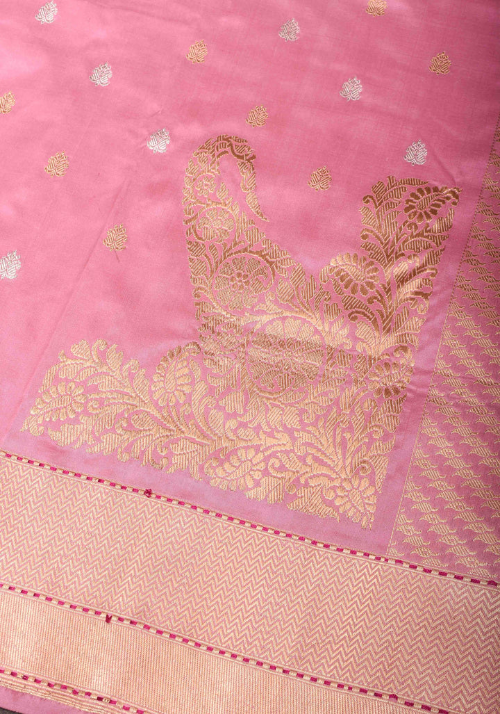 Onion Pink Banarasi Katan Silk Saree with Sona Rupa Buttas And Koniyas| SILK MARK CERTIFIED