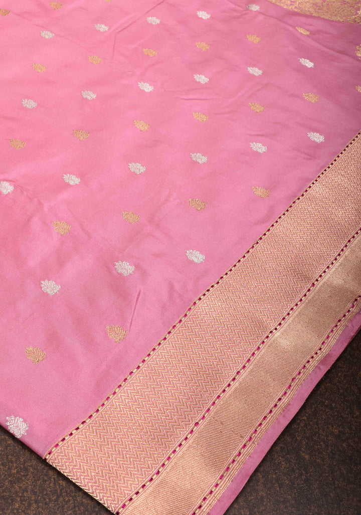 Onion Pink Banarasi Katan Silk Saree with Sona Rupa Buttas And Koniyas| SILK MARK CERTIFIED