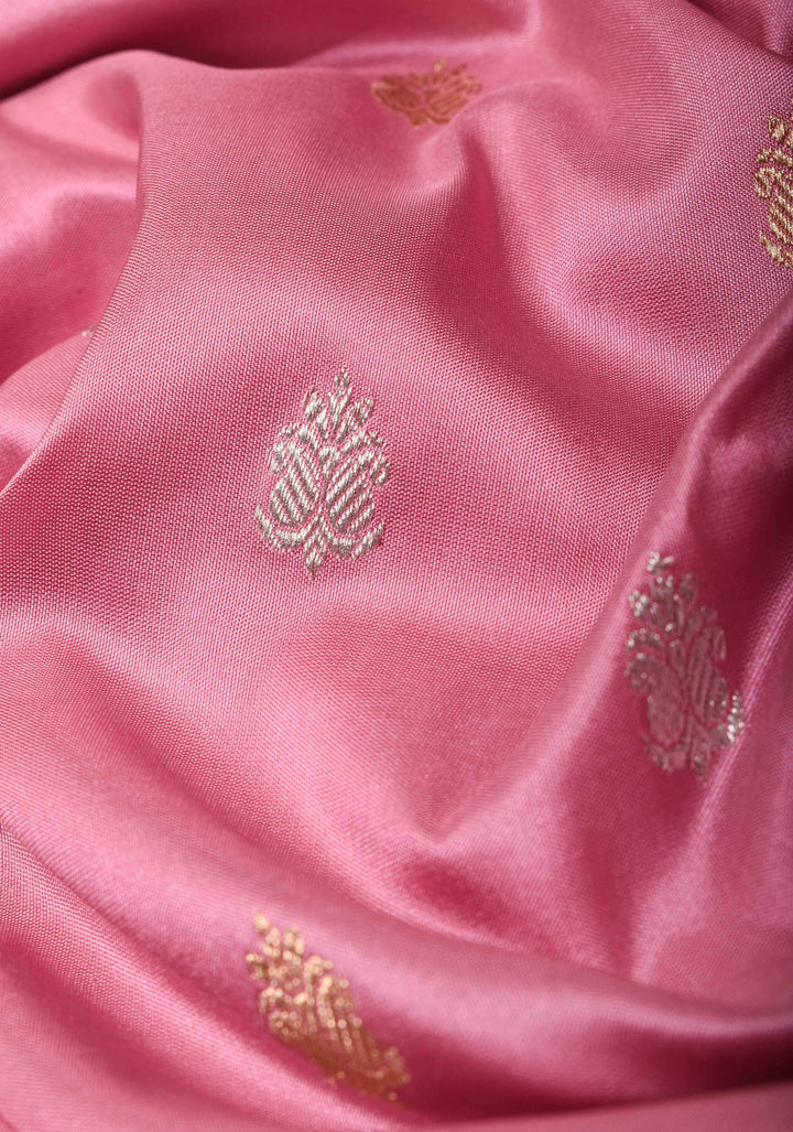 Onion Pink Banarasi Katan Silk Saree with Sona Rupa Buttas And Koniyas| SILK MARK CERTIFIED