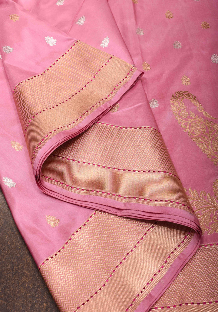 Onion Pink Banarasi Katan Silk Saree with Sona Rupa Buttas And Koniyas| SILK MARK CERTIFIED