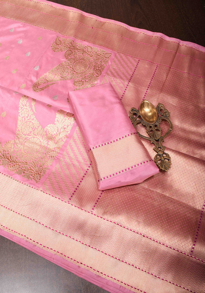 Onion Pink Banarasi Katan Silk Saree with Sona Rupa Buttas And Koniyas| SILK MARK CERTIFIED