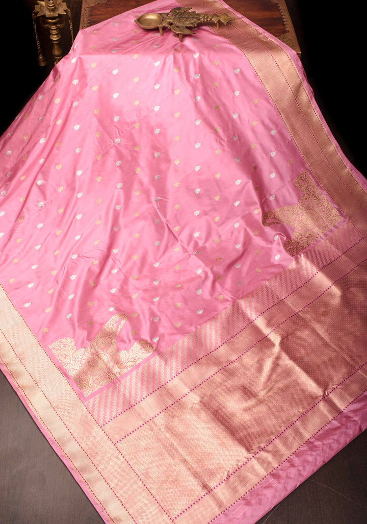 Onion Pink Banarasi Katan Silk Saree with Sona Rupa Buttas And Koniyas| SILK MARK CERTIFIED