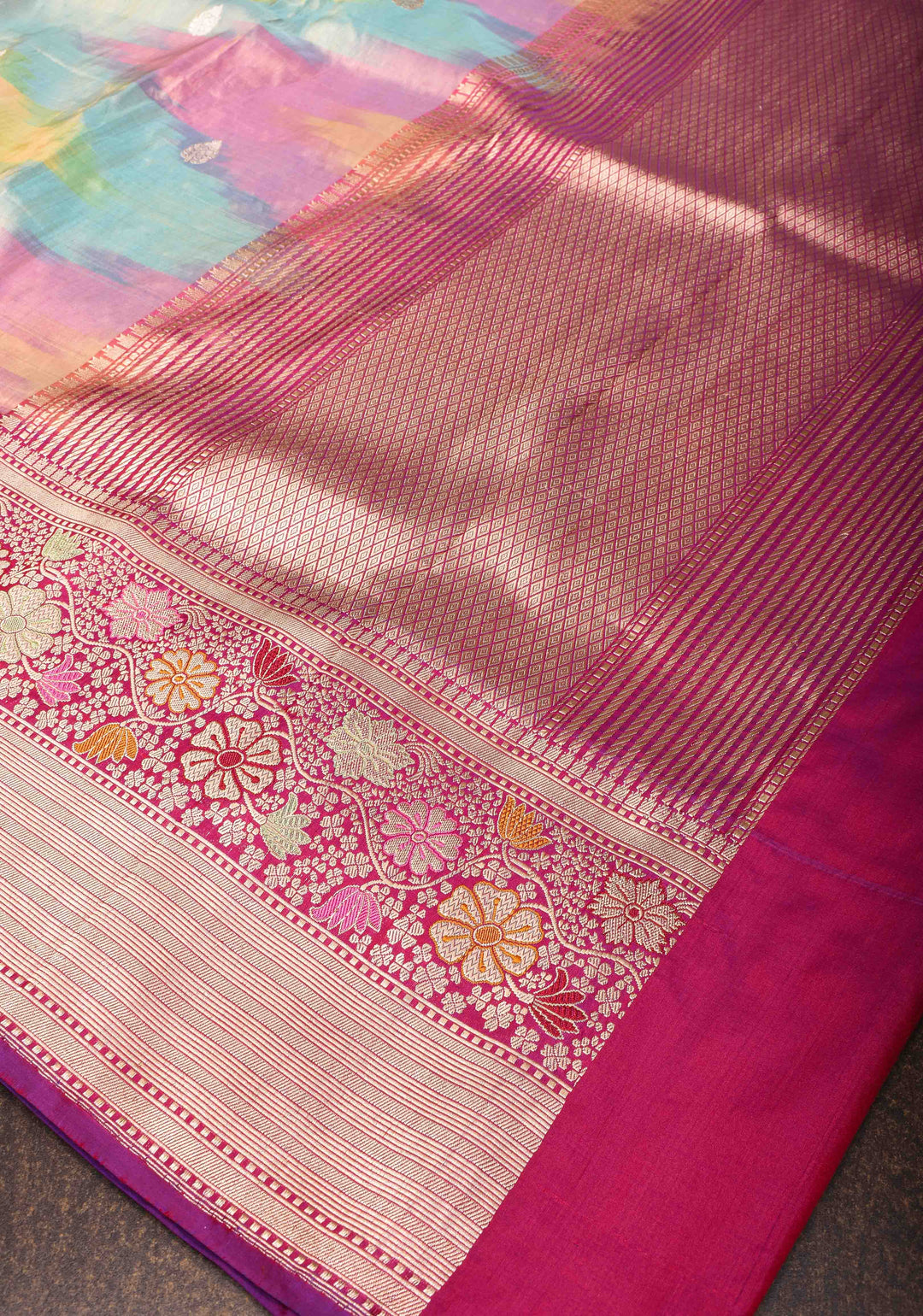 Exquisite Banarasi Rainbow Ombre Tissue Silk Saree with Zari Buttas and Meenakari Zari Border | SILK MARK CERTIFIED | SHOBITAM