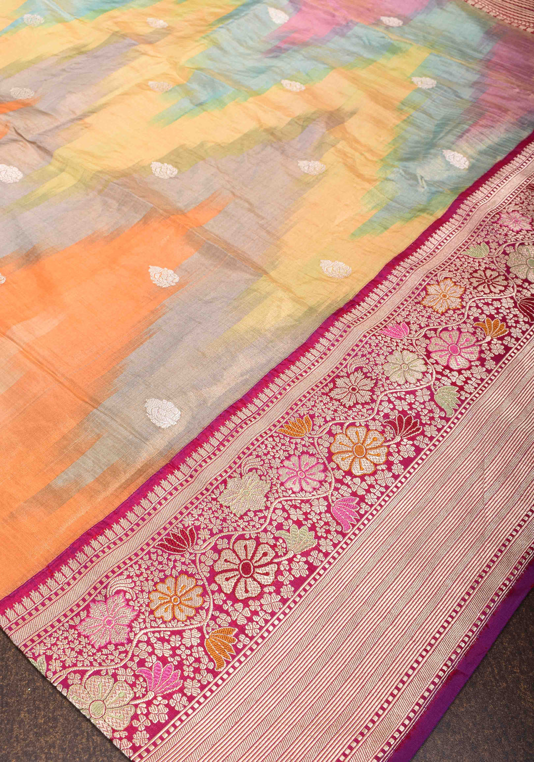 Exquisite Banarasi Rainbow Ombre Tissue Silk Saree with Zari Buttas and Meenakari Zari Border | SILK MARK CERTIFIED | SHOBITAM