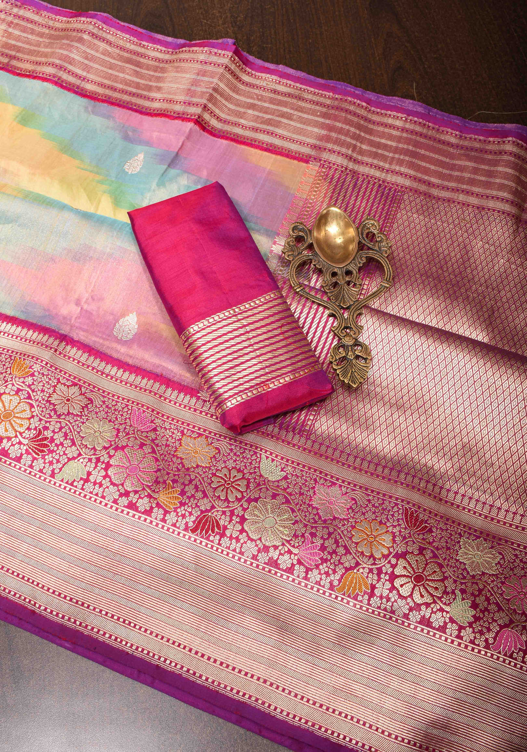 Exquisite Banarasi Rainbow Ombre Tissue Silk Saree with Zari Buttas and Meenakari Zari Border | SILK MARK CERTIFIED | SHOBITAM