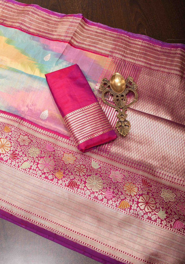 Exquisite Banarasi Rainbow Ombre Tissue Silk Saree with Zari Buttas and Meenakari Zari Border | SILK MARK CERTIFIED | SHOBITAM
