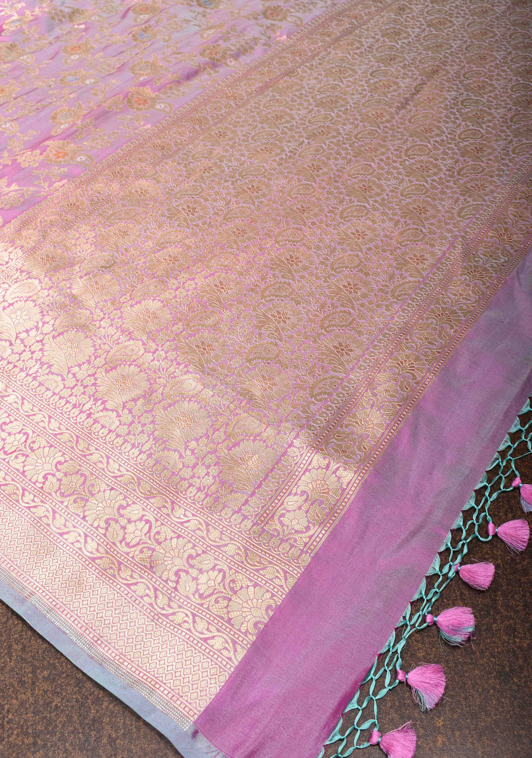 Lilac Dual Tone Katan Silk Saree with Meenakari Floral Jaal and Zari Border | SILK MARK CERTIFIED