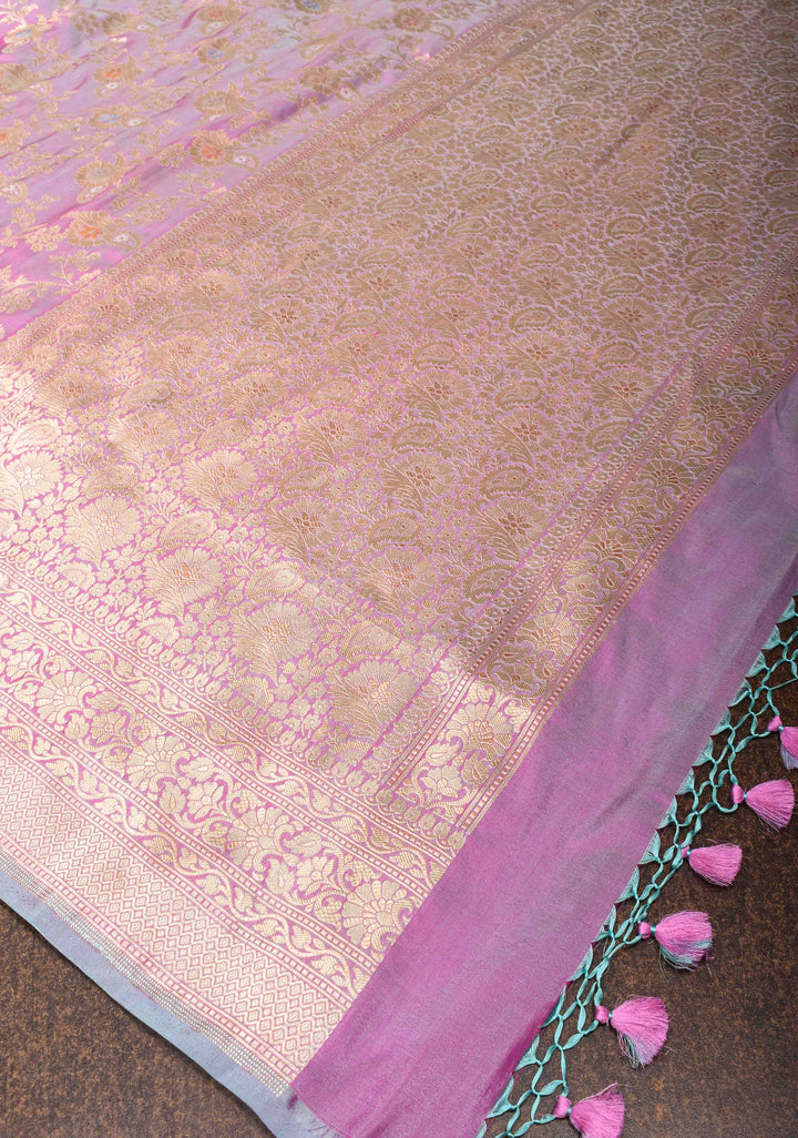 Lilac Dual Tone Katan Silk Saree with Meenakari Floral Jaal and Zari Border | SILK MARK CERTIFIED
