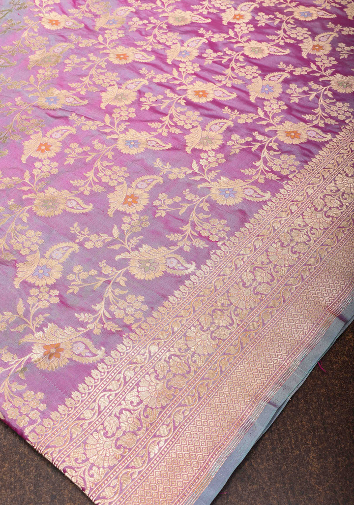 Lilac Dual Tone Katan Silk Saree with Meenakari Floral Jaal and Zari Border | SILK MARK CERTIFIED