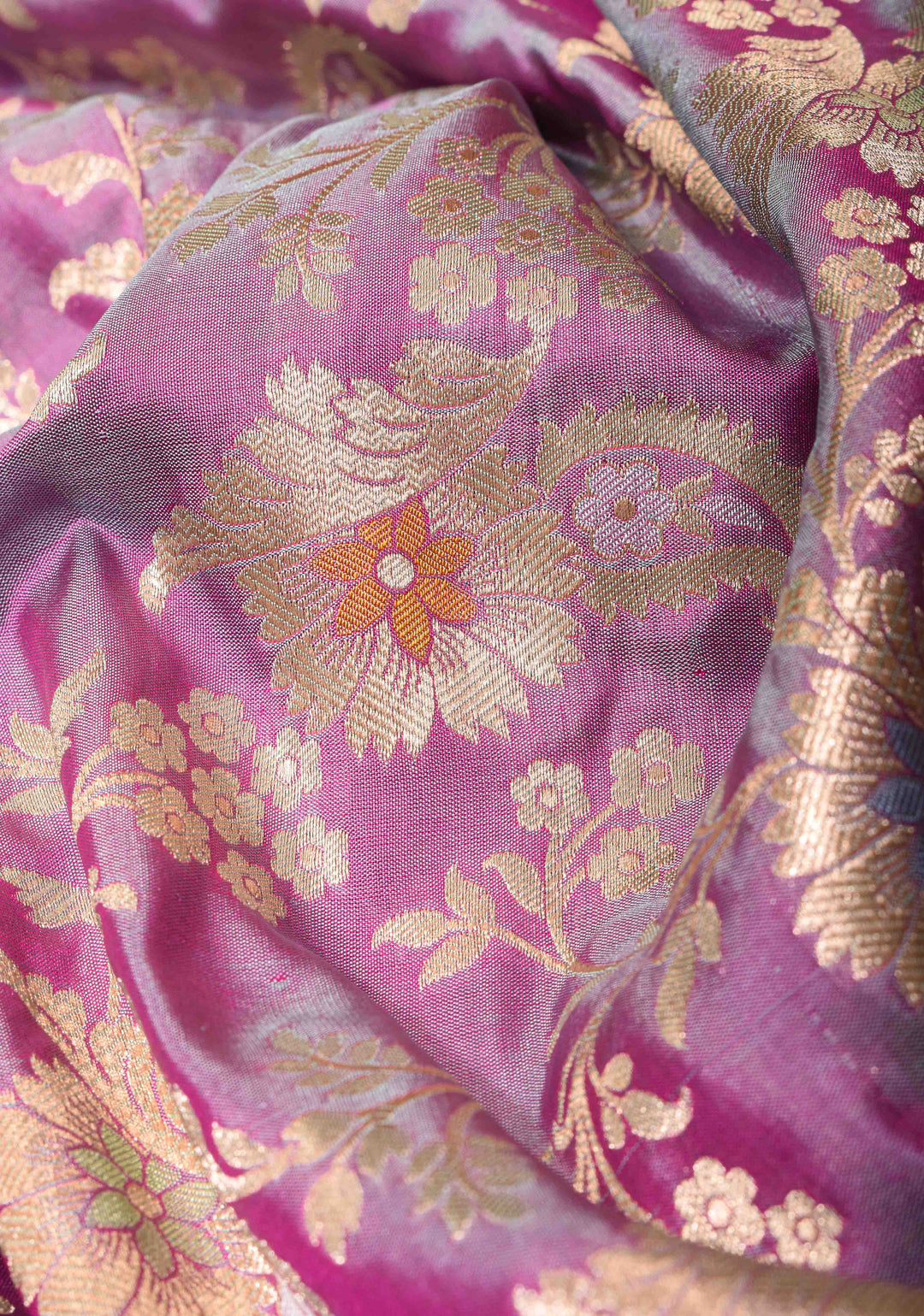 Lilac Dual Tone Katan Silk Saree with Meenakari Floral Jaal and Zari Border | SILK MARK CERTIFIED